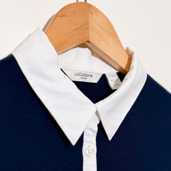 Liz Clairborne Navy Nautical Long Sleeve Button Up Blouse Top Petite Medium - Picture 2 of 7